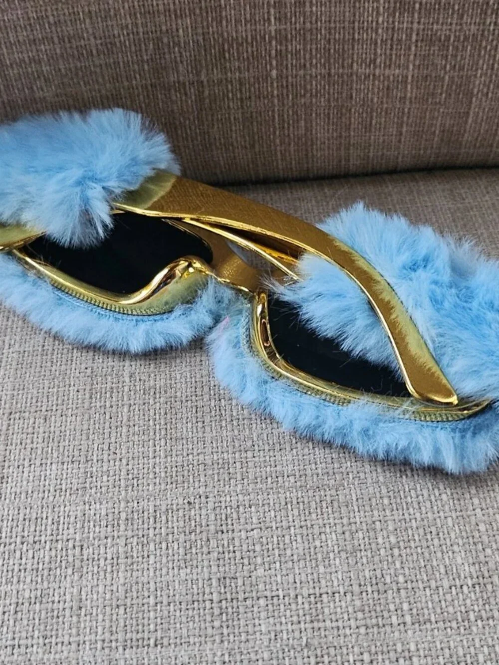 Women Sunglasses Blue Fuzzy Faux Furry Plush Gold Tone Temple Funky Eyewear